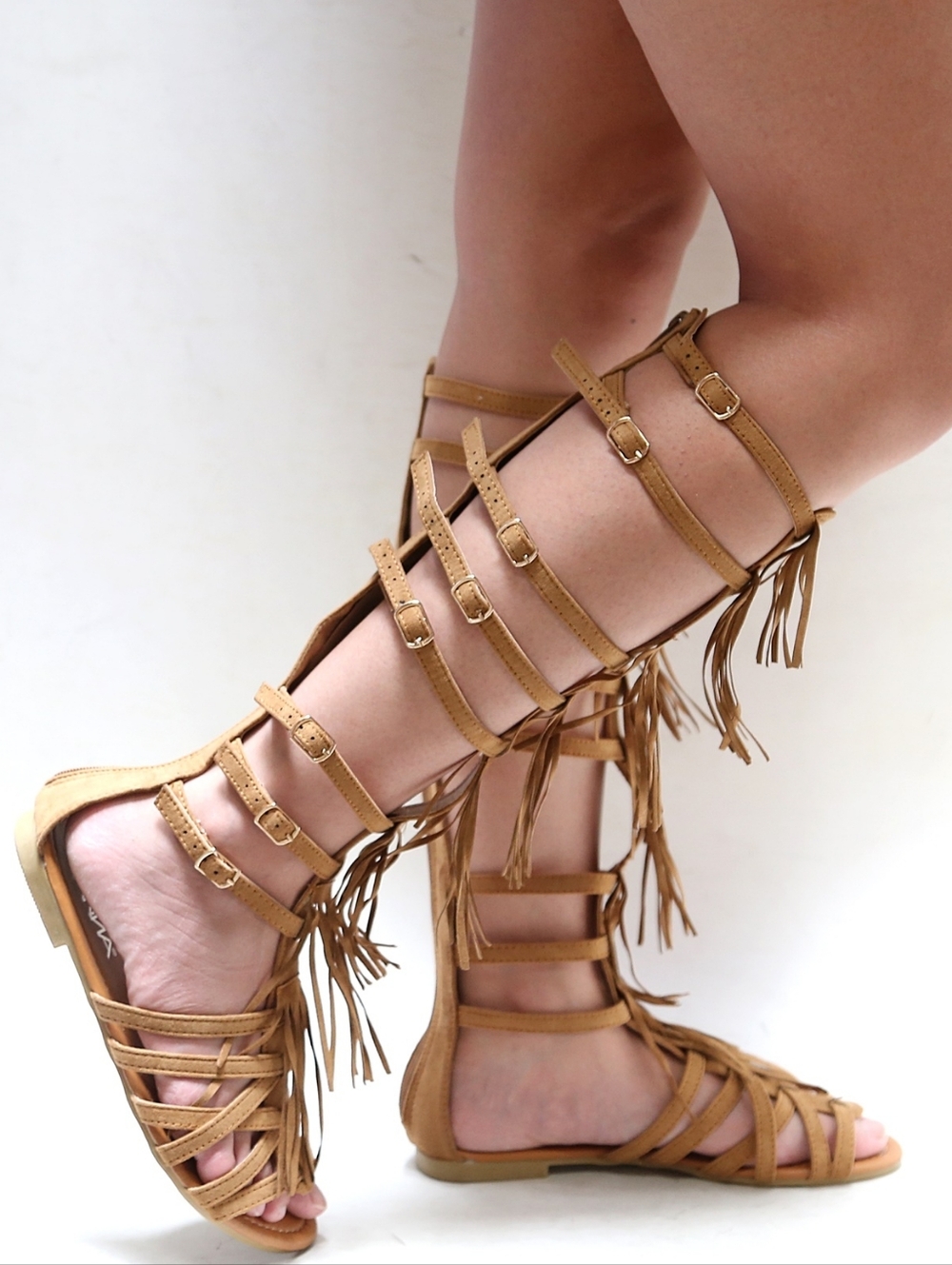 New Tan Fringe Knee High Gladiator Sandals